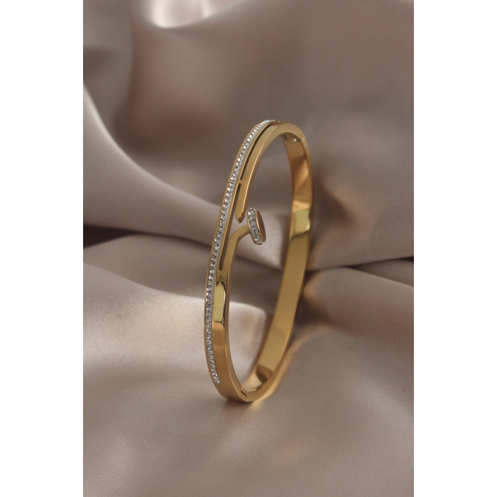 316L Çelik Gold Renk Çivi Model Zirkon Taşlı Kadın Kelepçe - BJ-BB4858