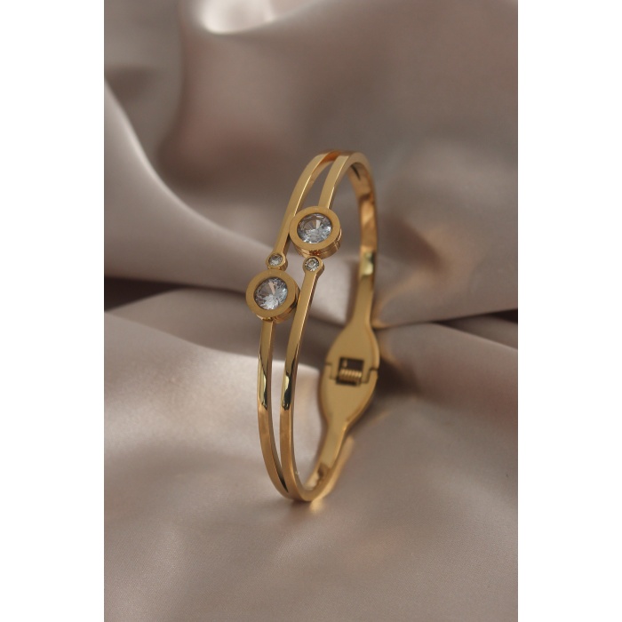 316L Çelik Gold Renk Zirkon Taşlı Kadın Kelepçe - BJ-BB4865