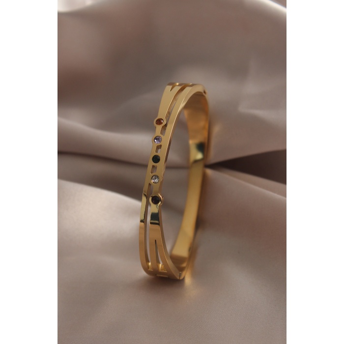 316L Çelik Gold Renk Zirkon Taşlı Gold Renk Kadın Kelepçe - BJ-BB4883