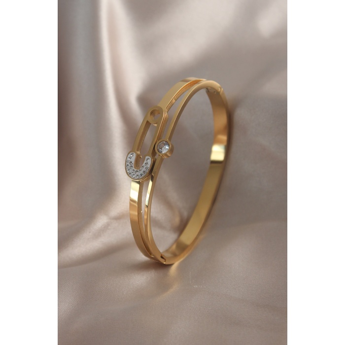 316L Çelik Gold Renk Çengel İğne Model Zirkon Taşlı Kadın Kelepçe - BJ-BB4911