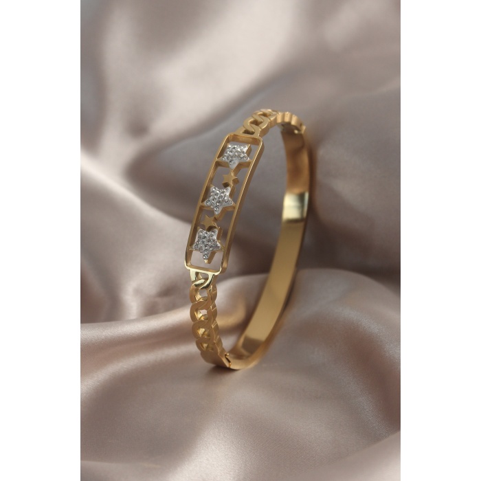 316L Çelik Gold Renk Yıldız Detay Zirkon Taşlı Kadın Kelepçe - BJ-BB4930