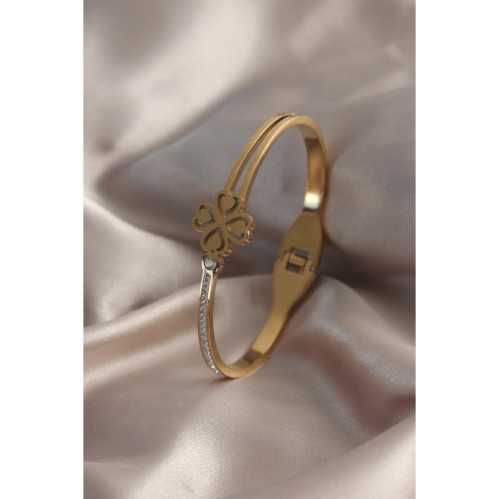 316L Çelik Gold Renk Yonca Model Zirkon Taşlı Kadın Kelepçe - BJ-BB4937