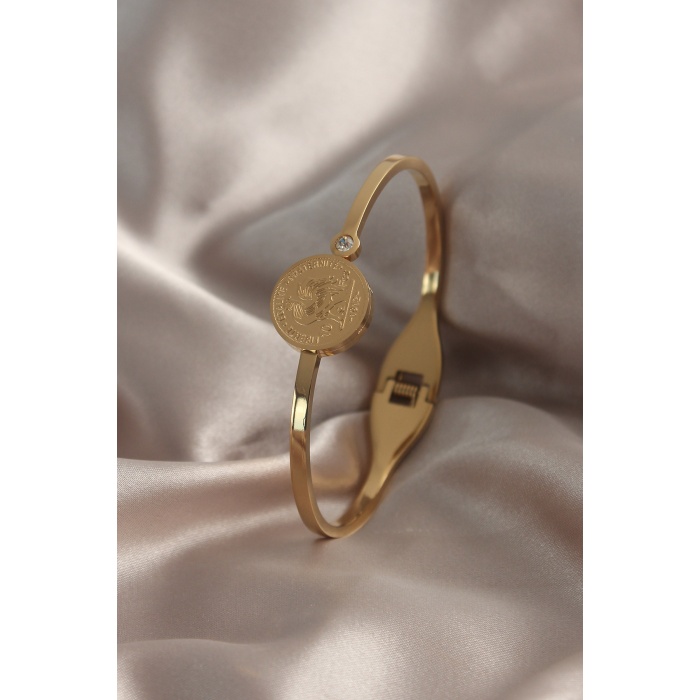 316L Çelik Gold Renk Madalyon Model Zirkon Taş Detay Kadın Kelepçe - BJ-BB4948