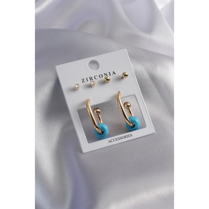 Gold Renk Halka Model Zirkon Taş Detay Kadın Küpe Seti - BJ-BKP7006