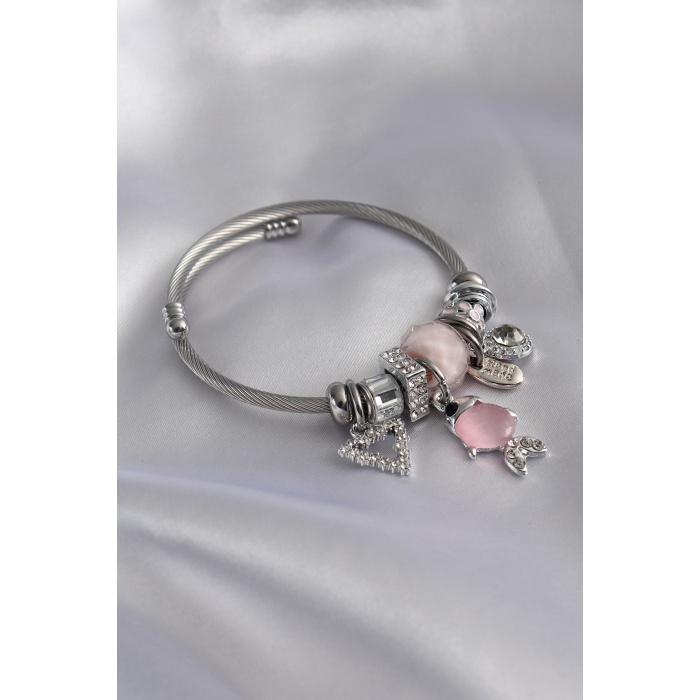 Gümüş Pembe Renk Balık Figür Zirkon Taşlı Charm Model Kadın Bileklik - BJ-BB4963