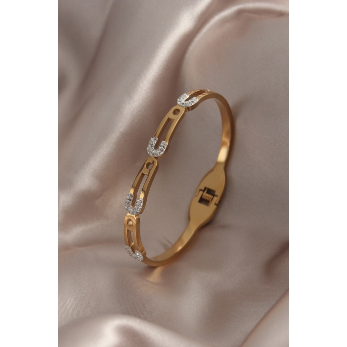 316L Çelik Gold Renk Zirkon Taşlı Kadın Kelepçe - BJ-BB4968
