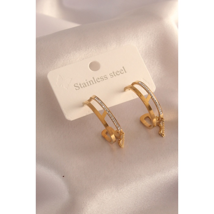 316L Çelik Gold Renk Zirkon Taşlı Yarım Halka Model Kadın Küpe - BJ-BKP7030