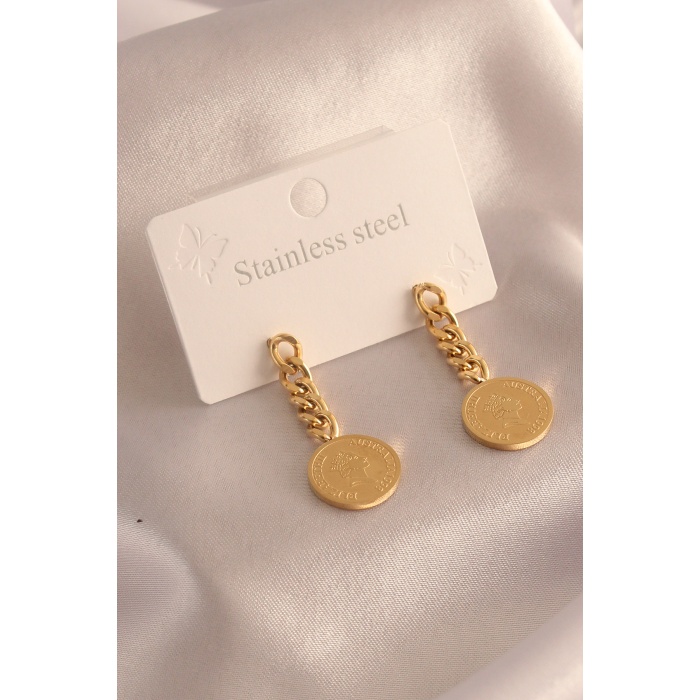316L Çelik Gold Renk Zincir Model İşlemeli Kadın Küpe - BJ-BKP7033