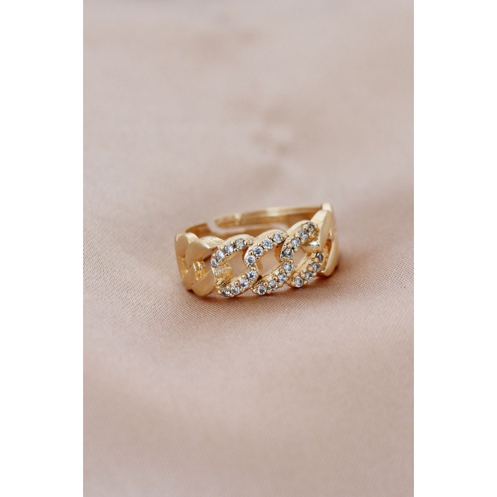 Gold Renk Metal Zincir Model Mini Zirkon Taşlı Ayarlanabilir Yüzük - BJ-BYK2118