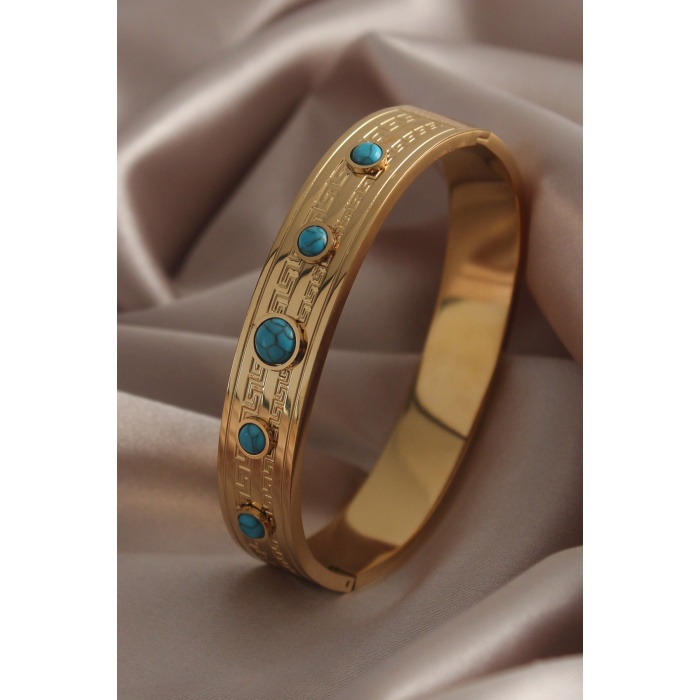 316L  Çelik Gold Renk Mavi Taşlı İşleme Detay Kadın Kelepçe - BJ-BB5012