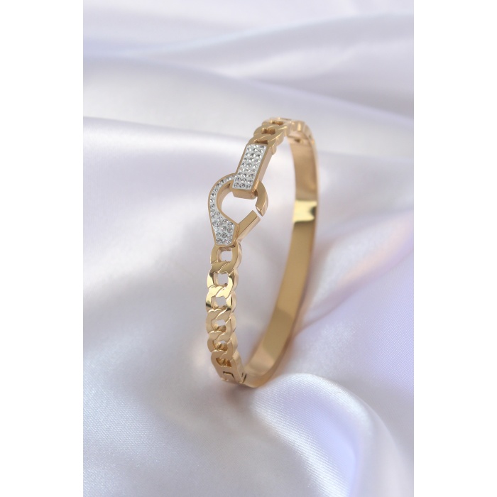 316L Çelik Gold Renk Kanca Model Zirkon Taş Detay Kadın Kelepçe - BJ-BB5035