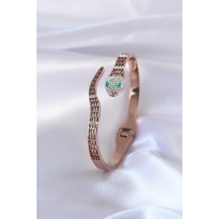 316L Çelik Rose Renk Yılan Model Zirkon Taşlı Kadın Kelepçe - BJ-BB5042