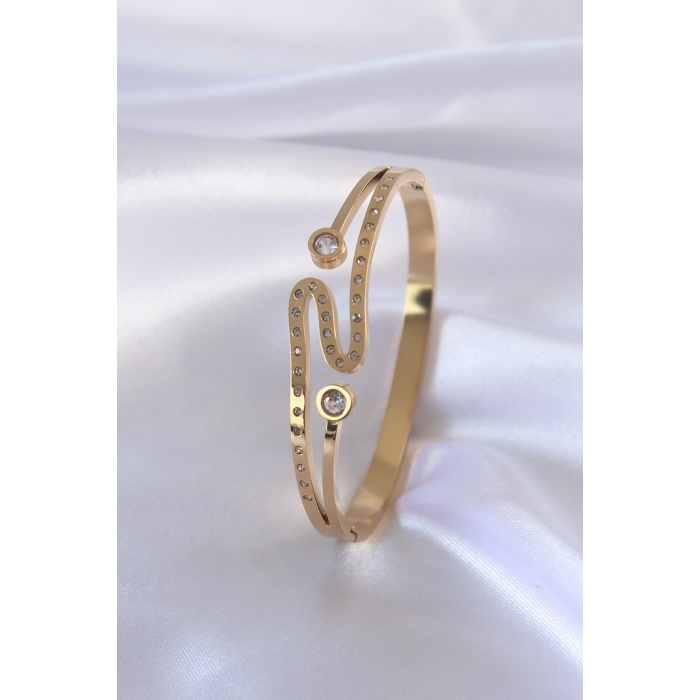 316L Çelik Gold Renk Zirkon Taşlı Kadın Kelepçe - BJ-BB5043