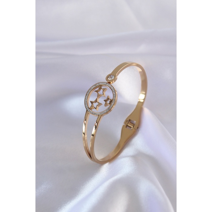 316L Çelik Gold Renk Yıldız Figür Zirkon Taşlı Kadın Kelepçe - BJ-BB5046