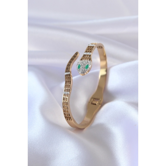316L Çelik Gold Renk Yılan Model Zirkon Taş Detay Kadın Kelepçe - BJ-BB5048