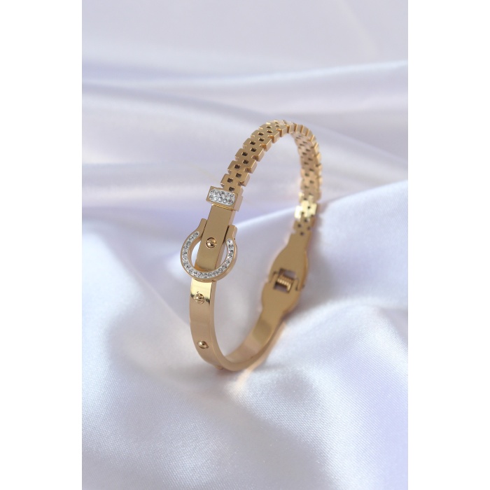 316L Çelik Gold Renk Nal Figür Zirkon Taş Detay Kadın Kelepçe - BJ-BB5052