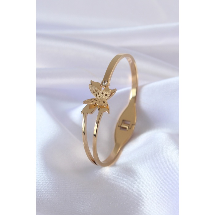 316L Çelik Gold Renk Simli Kelebek Model Zirkon Taş Detay Kadın Kelepçe - BJ-BB5053
