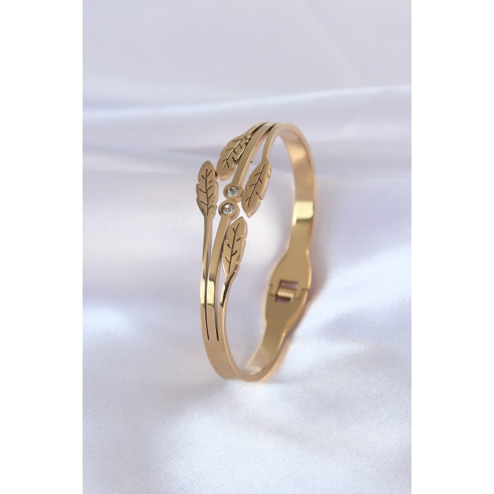 316L Çelik Gold Renk Yaprak Model İşleme Detay Zirkon Taşlı Kadın Kelepçe - BJ-BB5058