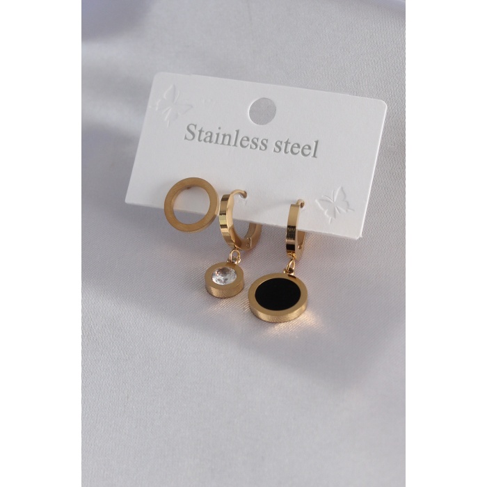 316L Çelik Gold Renk Daire Model Zirkon Taş Detay Kadın Küpe Kombini - BJ-BKP7088