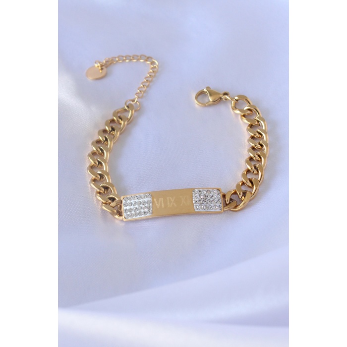 316L Çelik Gold Renk Zincir Model İşleme Detay Zirkon Taşlı Kadın Bileklik - BJ-BB5083