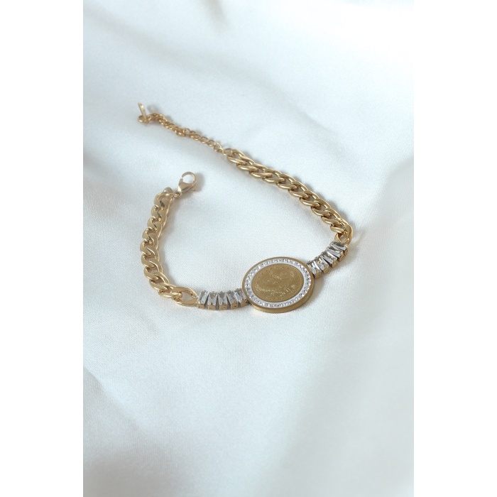 316L Çelik Gold Renk Zirkon Taşlı Reşat Altın Model Kadın Bileklik - BJ-BB5095