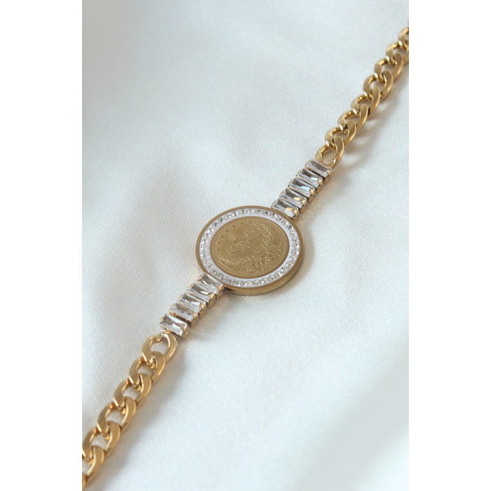 316L Çelik Gold Renk Zirkon Taşlı Reşat Altın Model Kadın Bileklik - BJ-BB5095