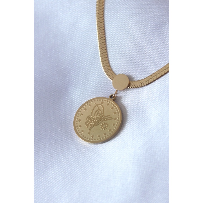 316L Çelik Gold Renk İtalyan Zincir Model Osmanlı Tuğra Model Kadın Kolye - BJ-BKO7167
