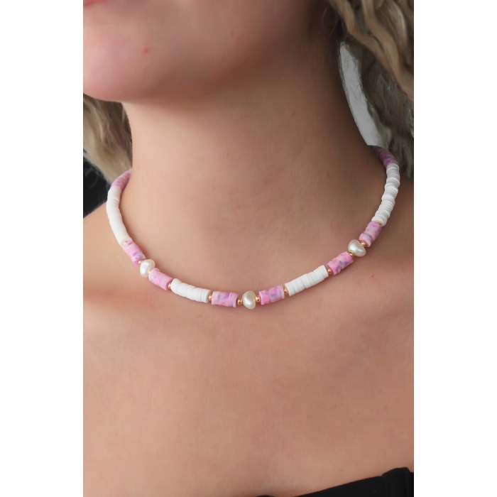 Pembe Beyaz Boncuk Model Gold Kalp Figür Kadın Kolye - BJ-BKO7204