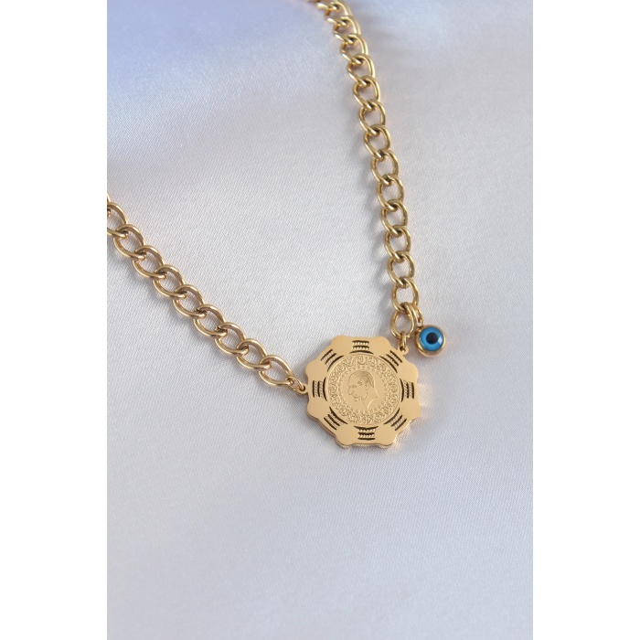 316L Çelik Gold Renk Çeyrek Altın Model Nazar Boncuk Model Kadın Kolye - BJ-BKO7243