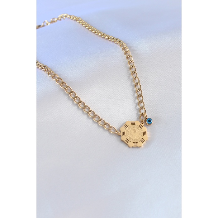 316L Çelik Gold Renk Çeyrek Altın Model Nazar Boncuk Model Kadın Kolye - BJ-BKO7243