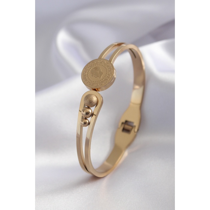 316L Çelik Gold Renk Atatürk İşleme Minimal Top Detay Kadın Kelepçe - BJ-BB5151