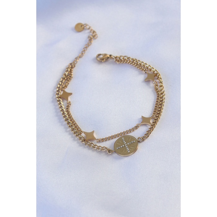 316L Çelik Gold renk Yıldız Figür Zirkon Taş İşleme Kadın Bileklik - BJ-BB5167