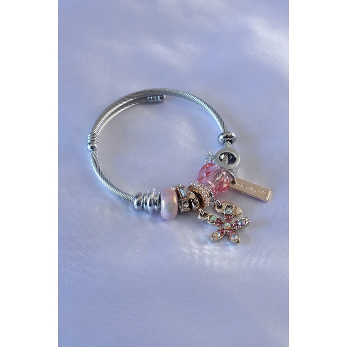 Pembe Renk Kristal Taşlı Çiçek Figür Zirkon Taşlı Charm Model Kadın Bilekelik - BJ-BB5172