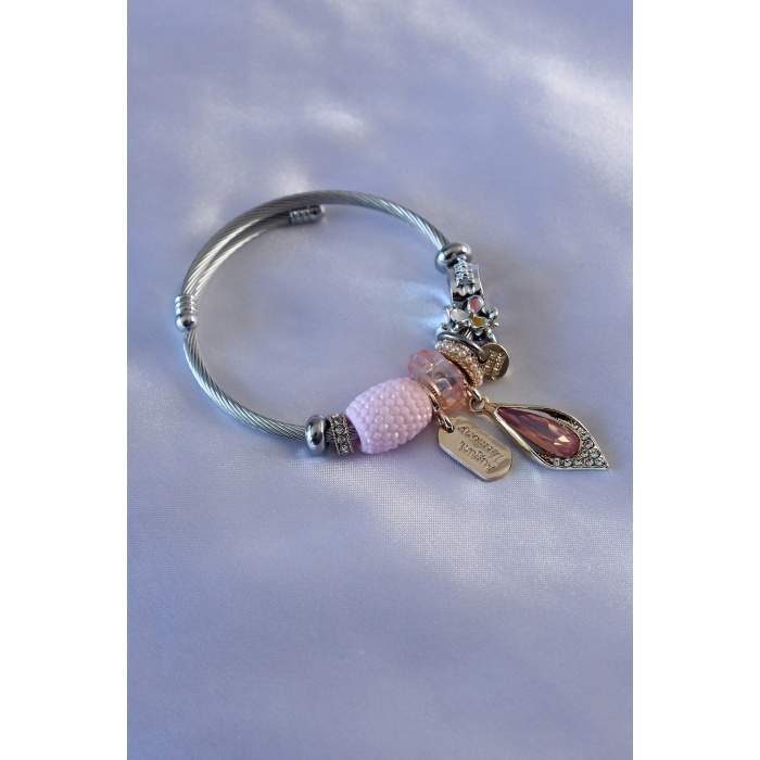 Pembe Renk Kristal Taşlı Yaprak Figür Zirkon Taşlı Charm Model Kadın Bileklik - BJ-BB5176