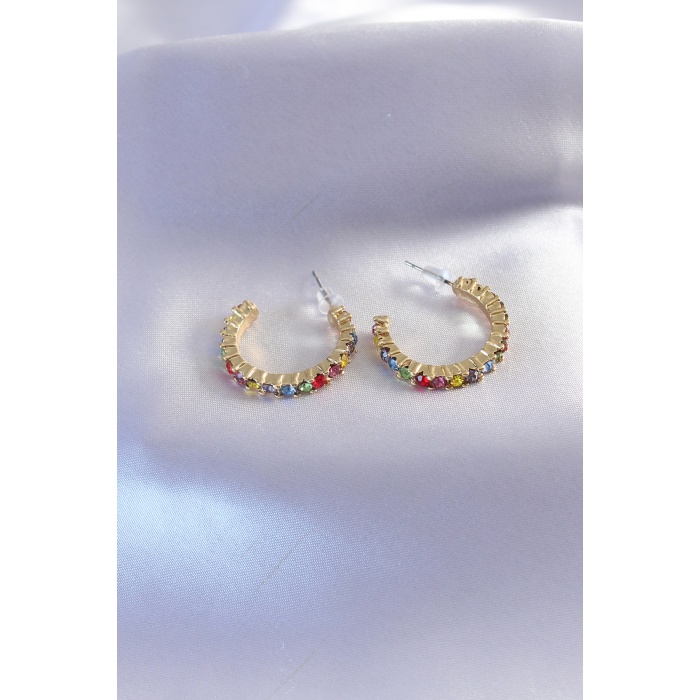 Gold Renk Yarım Halka Model Renkli Kristal Taşlı Kadın Küpe - BJ-BKP7268