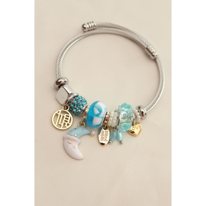Mavi Renk Ay Model Taşlı Charm Bilezik - BJ-BB4351