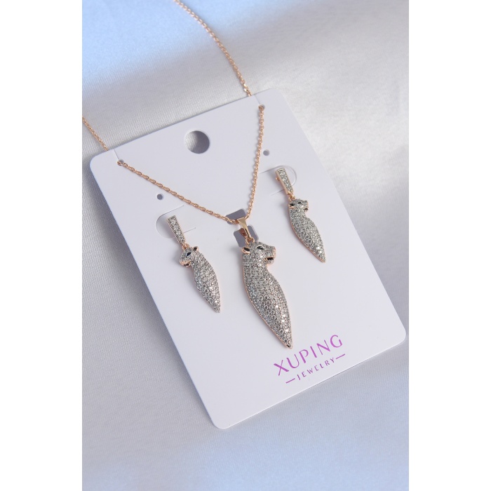 Xuping Rose Gold Renk Zirkon Taşlı Kedi Model Kadın Kolye Küpe Seti - BJ-BKO7288
