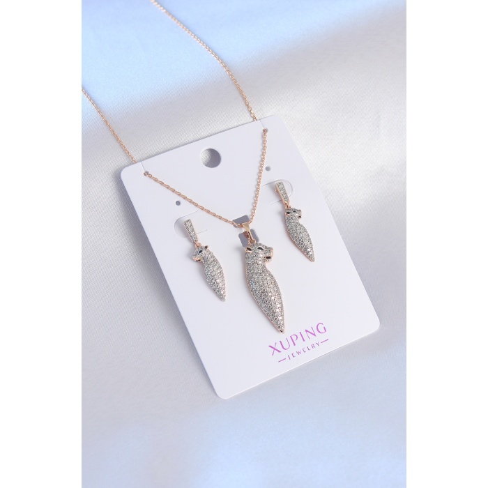 Xuping Rose Gold Renk Zirkon Taşlı Kedi Model Kadın Kolye Küpe Seti - BJ-BKO7288