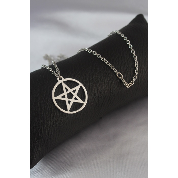 Gümüş Renk Pentagram Yıldız Figür Erkek Kolye - BJ-ERK1305