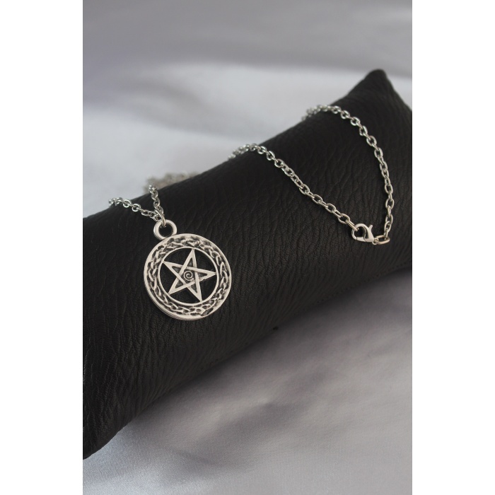 Gümüş Renk Pentagram Yıldız Figür Erkek Kolye - BJ-ERK1311