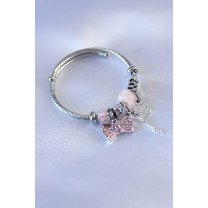 Gümüş Renk Pembe Boncuk Kurdele Model Zirkon Taşlı Charm Model Kadın Bileklik - BJ-BB5224