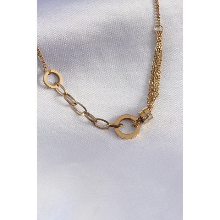 316L Çelik Gold Renk Zirkon Taş Detay Kadın Kolye - BJ-BKO7322