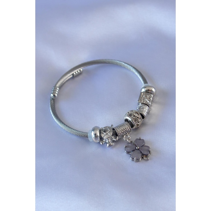Gri Yonca Detaylı Charm Kadın Bileklik - BJ-BB5252