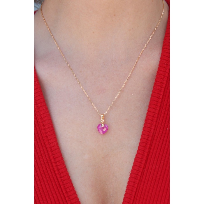Gold Renk Pembe Kalp Kristal Taş Kadın Kolye - BJ-BKO7338