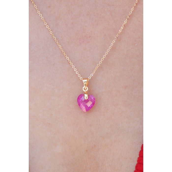 Gold Renk Pembe Kalp Kristal Taş Kadın Kolye - BJ-BKO7338