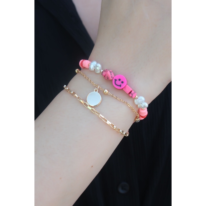 Gold Renk 2li Pembe Boncuk Model Smile Figür Kadın Bileklik - BJ-BB5280