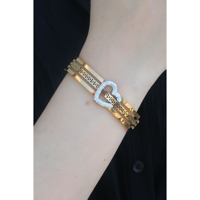 316L Çelik Gold Renk Kalp Model Zirkon Taş İşleme Detay Kadın Kelepçe - BJ-BB5286