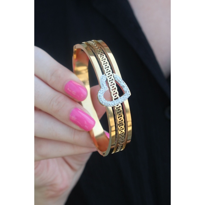 316L Çelik Gold Renk Kalp Model Zirkon Taş İşleme Detay Kadın Kelepçe - BJ-BB5286