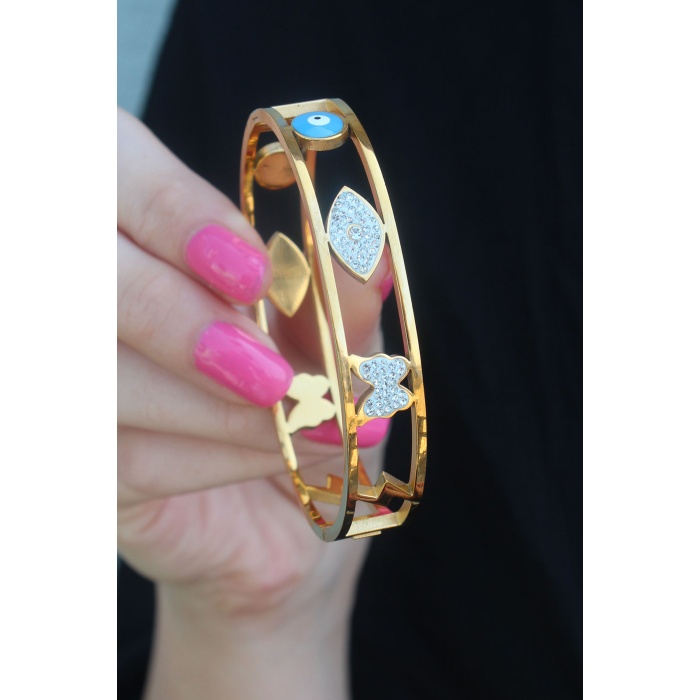 316L Çelik Gold Renk Zirkon Taşlı Figürler Model Kadın Kelepçe - BJ-BB5294