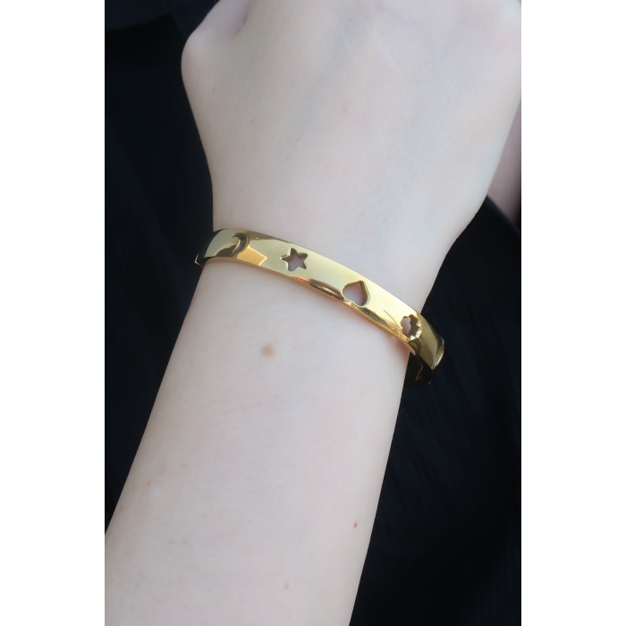 316L Çelik Gold Renk Ay Yıldız İşleme Kadın Kelepçe - BJ-BB5301
